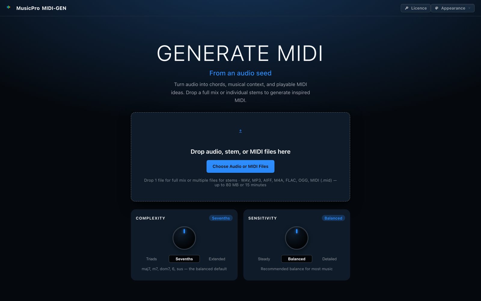 MIDIGEN start screen with a drop zone for audio files and Complexity and Sensitivity dials