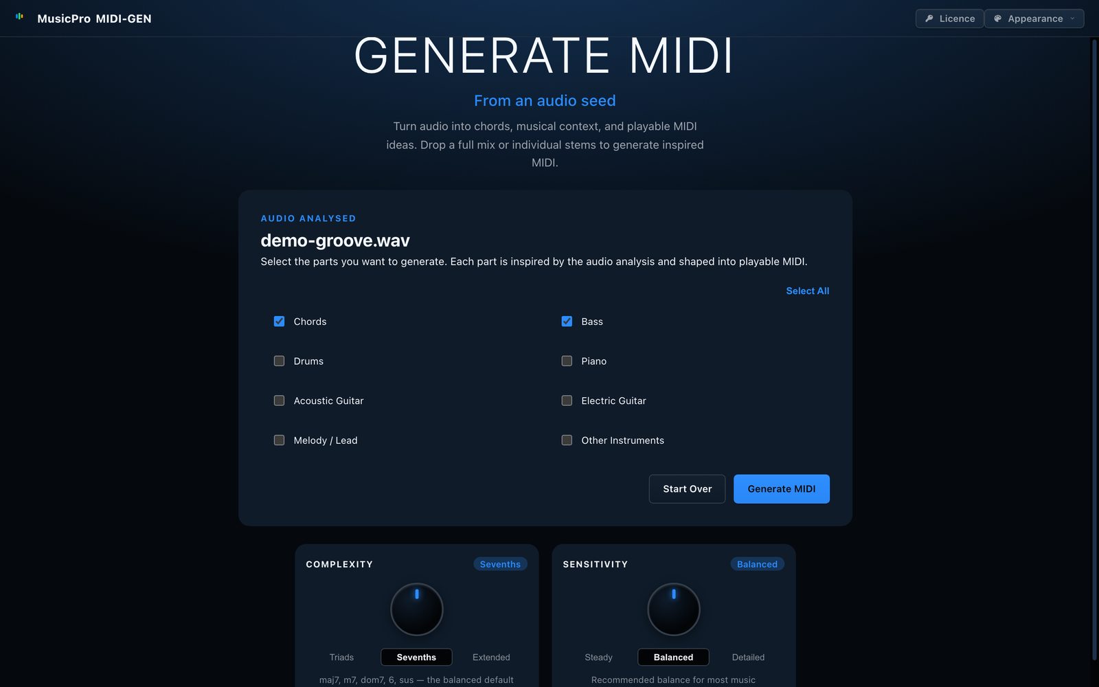 MIDIGEN part selection: chords, bass, drums, piano, guitars, and melody