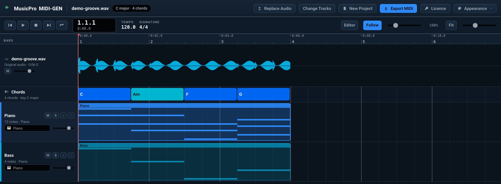 MIDIGEN studio view with the audio waveform, chord track, and piano and bass MIDI tracks